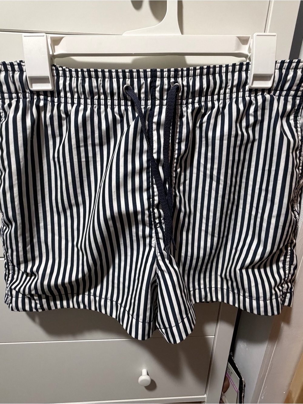 H&M Navy and White Vertical Stripe Drawstring Swim Trunks - Medium